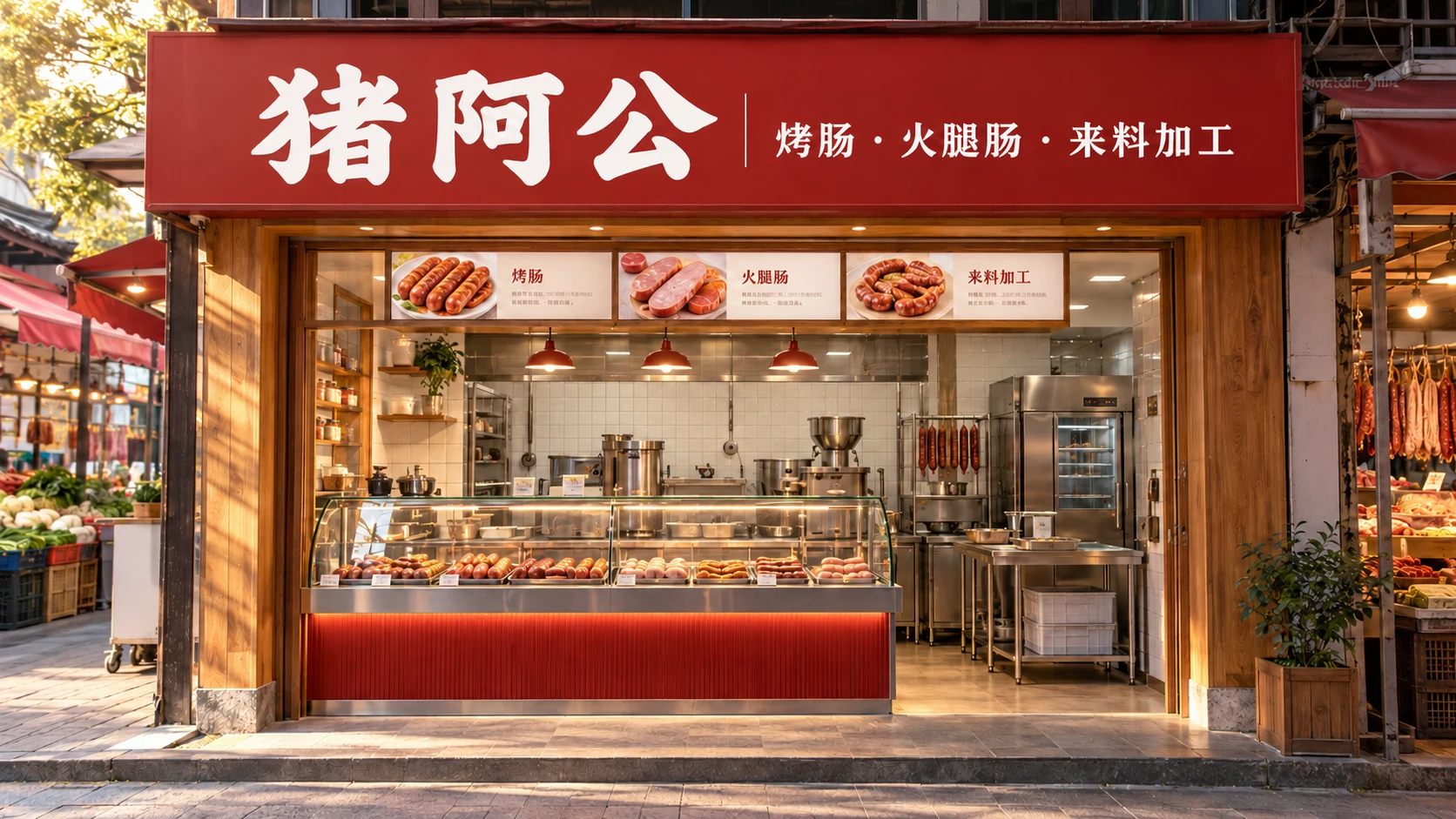 猪阿公门头与明亮操作区的空间概念示意，非实际门店